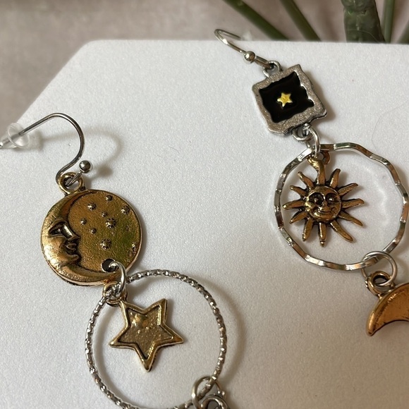 Bronze Moon Sun Asymmetrical Earrings - Picture 9 of 14